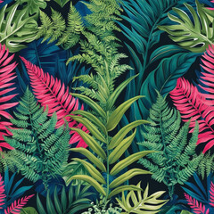 beautiful vibrant A botanical pattern with ferns and tropical leaves