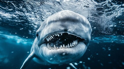 Naklejka premium Close-up underwater shot of a shark's open mouth, revealing sharp teeth.