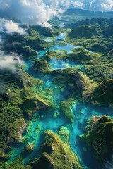 Obraz premium Aerial view of vibrant flora, river and mountains in a tropical landscape.