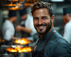 Hardworking Chef Commanding Busy Kitchen with Warm Culinary Atmosphere