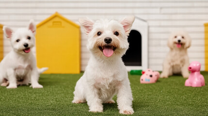 Playful dogs enjoying cozy pet boarding facility with colorful toys and doghouses. Their joyful expressions create warm and inviting atmosphere for pet lovers