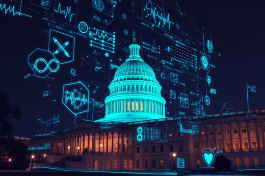 In Washington DC, USA, the Capitol dome building gleams at night, highlighting the Home of Congress and Capitol Hill. A hologram showcasing health care digital medicine illustrates the ideas of