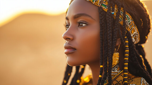 Traditional Fulani Braids with Beads &ndash; Portrait of a woman with Fulani braids and golden beads, warm earthy tones, soft natural lighting, rich contrast with a blurred desert background