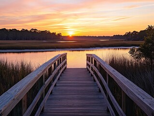 Obraz premium Serene sunset over calm water, viewed from wooden dock.