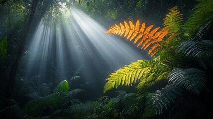 Fototapeta premium Sunbeams illuminate vibrant ferns in a lush, misty rainforest.