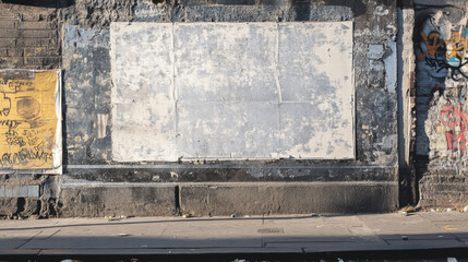blank wall with peeling paint and graffiti, showcasing urban decay and potential for street art. scene captures gritty, artistic vibe in city environment