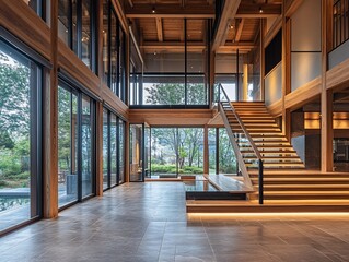 Obraz premium Modern spacious wooden house interior with large windows, staircase, and tiled floor.