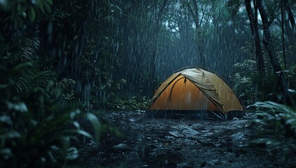 Illuminated tent in a rain-soaked jungle at night.