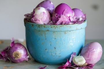 An assortment of purple eggs with onions, pink petals, and a blue ceramic pot, all arranged together for festive food or decorative display.