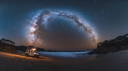 Night sky, Milky Way arch over beach with off-road vehicle.