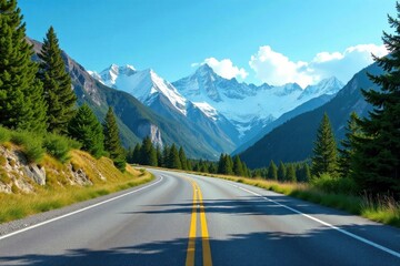 Fototapeta premium Asphalt Ribbon Unwinding Through Majestic Mountain Scenery Under a Brilliant Summer Sky