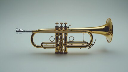 Obraz premium Golden trumpet rests on neutral background, studio shot, music promotion