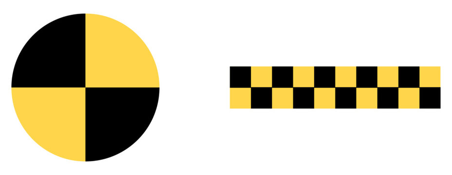 Crash test sign symbol collection on white background.  crash test dummy symbol black and yellow checkered warning sign automotive safety icon isolated on white background. Vector illustration