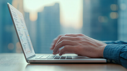 close up of hands typing on laptop, showcasing business analytics and data analysis in modern office setting. background features city skyline, creating professional atmosphere