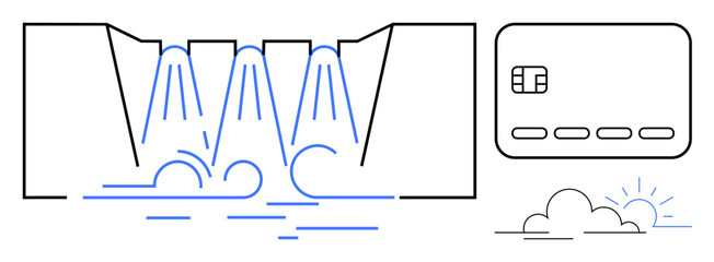 Water dam with flowing water into a reservoir, credit card representing banking, and sunrise. Ideal for finance, banking, investment, energy, environmental sustainability, innovation growth