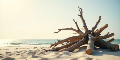 Fototapeta premium Sun-bleached driftwood rests serenely on a pristine sandy beach, ocean waves gently lapping the shore in the background, a tranquil summer scene