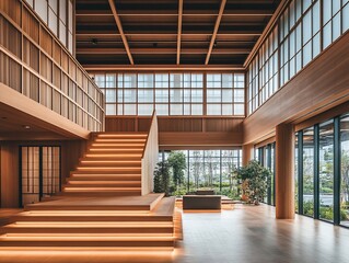 Modern wooden staircase in a spacious, minimalist lobby with large windows and natural light.