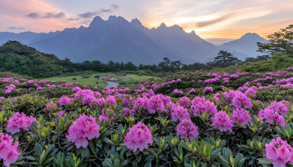 Obraz premium Serene sunset view of vibrant pink rhododendron blossoms in full bloom, set against a majestic mountain range.