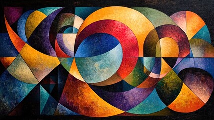 Bold abstract painting with swirling colors and geometric shapes 