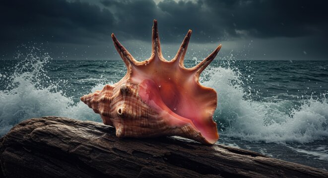 A large queen conch shell resting on a rocky shore with crashing waves and a dramatic stormy sky