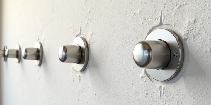 Sleek metallic knobs mounted on a textured white wall, a minimalist design aesthetic