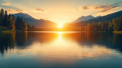 Fototapeta premium A serene lake reflects a golden sunset behind majestic mountains symbolizing peace clarity and balance The calm waters and vibrant sky evoke tranquility renewal and the vastness of nature and life