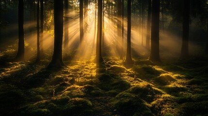 Obraz premium Sunbeams illuminate a misty forest floor, dappled sunlight through trees, mossy ground.