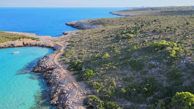 Experience breathtaking aerial views of Mallorca's coastline showcasing the beautiful Cala Varques area. Lush greenery complements the stunning blue waters under clear skies.