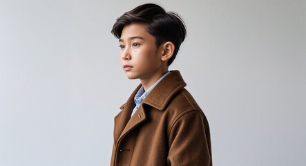 Obraz premium Caucasian boy brown coat young teen side view portrait on plain white background