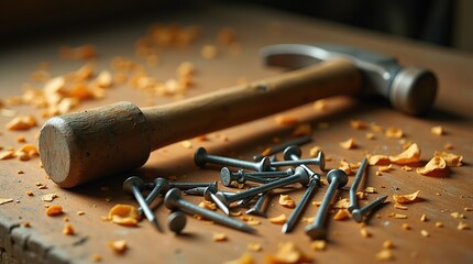 Obraz premium A worn, rusty hammer lying diagonally on a weathered, honey-brown wooden surface, scattered with a mix of new and old, bent and straight, silver-colored nails of varying sizes.
