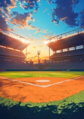 Sunset Baseball Stadium, Diamond View, Cityscape Background, Game Promotion