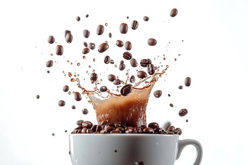 Coffee beans making a splash as they hit a cup of coffee, liquid droplets suspended in air, ultra-clear HD capture on a bright white background.