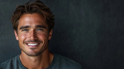 Obraz premium Cheerful Man with Bright Smile Radiating Happiness and Positivity in a Natural Outdoor Setting Showcasing a Joyful Expression that Inspires Confidence and Warmth Throughout the Scene