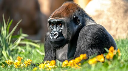 Obraz premium Majestic Gorilla in Vibrant Floral Surroundings: A Captivating Portrait of Wildlife