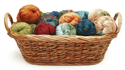 Colorful yarn balls in a wicker basket on a white background