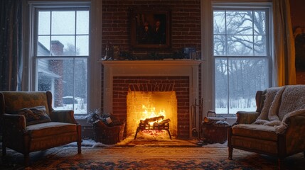 Fototapeta premium Cozy living room with fireplace, snow falling outside.