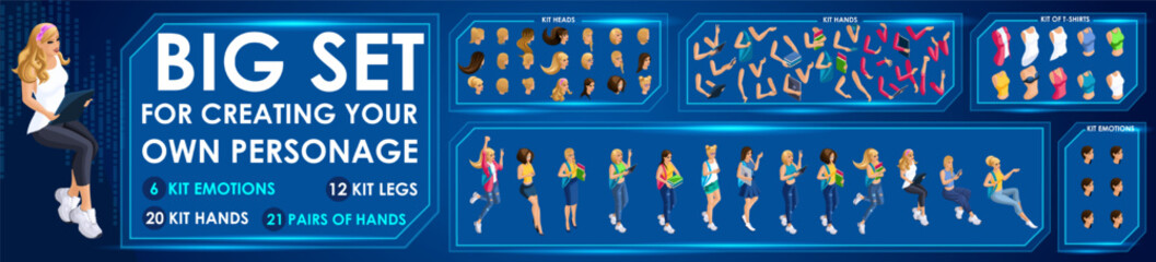 Isometric Girl characters constructor for designed N9. Presentation in various action. Set of Students personages flat style illustration