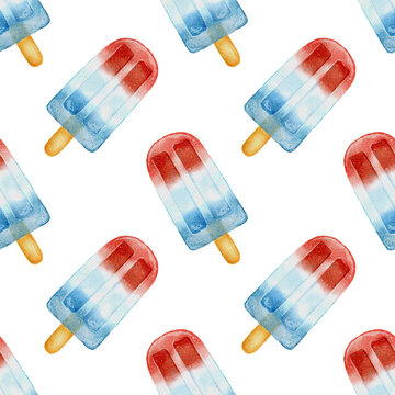 Red white and blue Watercolour hand drawn popsicle seamless pattern illustration. perfect for summer designs and branding. 