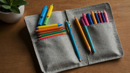 Obraz premium A stylish pencil case filled with mechanical pencils, erasers, and colorful pens lies open on a desk, a ruler and a protractor neatly tucked inside, the case clean and new,generative.ai