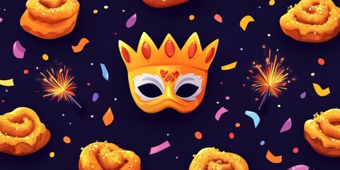 Fototapeta premium Illustrated delicious cinnamon rolls with a festive crown, confetti, and sparklers on a dark background.