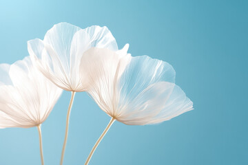Translucent white flowers against a soft blue background capture minimalist elegance