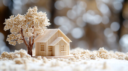 A charming minimalist house model symbolizes simplicity, serenity, and modern elegance. The soft color palette evokes calmness and warmth, while the blank space suggests potential, freedom, and new be