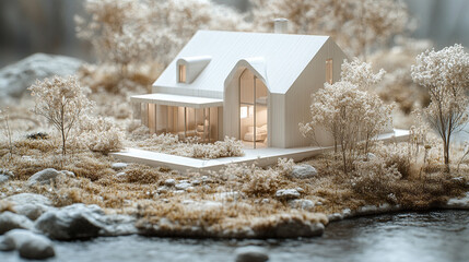 A charming minimalist house model symbolizes simplicity, serenity, and modern elegance. The soft color palette evokes calmness and warmth, while the blank space suggests potential, freedom, and new be