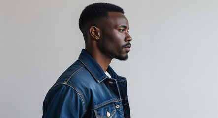 Obraz premium Black African guy dark blue denim jacket middle age side view portrait on plain white background