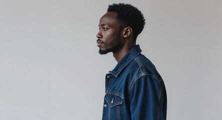 Obraz premium Black African guy dark blue denim jacket middle age side view portrait on plain white background