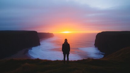 Silhouette of Contemplation: A lone figure stands on a rugged clifftop, silhouetted against a breathtaking sunset over a vast ocean, their back to the viewer, inviting reflection and introspection.