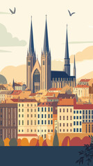 Lyon Vintage Cityscape Poster with Iconic Skyline and Cathedral Illustration