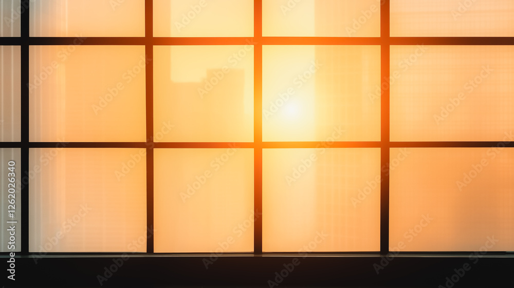 Poster Golden Hour Through Window Pane: A warm and inviting glow fills the room as sunlight streams through a large window pane with delicate grid lines, casting a soft, diffused light.