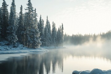 Fototapeta premium Serene winter landscape snow-covered pines reflected in a calm, misty lake at sunrise.