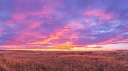 Obraz premium Vibrant pink and purple sunset over a vast, flat grassland.